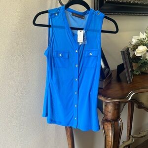 Blue sleeveless sheer button up top